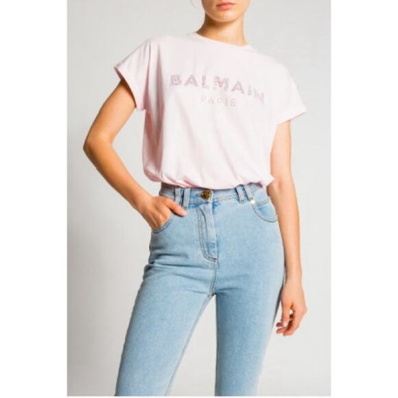 Balmain Paris Pink Rhinestone Jeweled Logo Cotton Tee Short Sleeve Womens Size L - Picture 1 of 13
